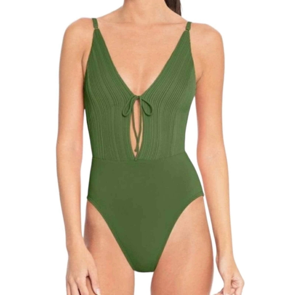 New Robin Piccone Green One Piece Swimsuit Womens 2 Lily Basil Cutout Ribbed